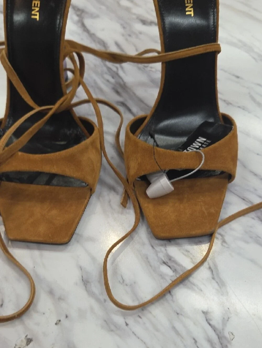 Saint Laurent Tan Suede Lace-Up Sandal with Lilac Block Heel - Picture 6 of 9